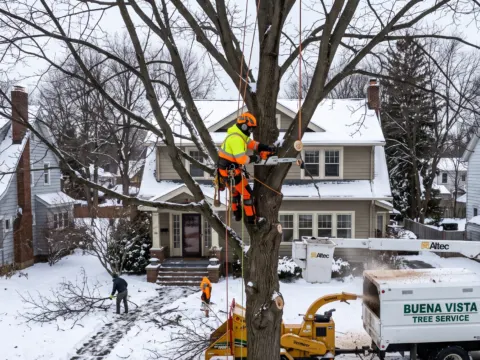 Professional tree removal crew using an aerial bucket truck and crane to dismantle a large tree in a snow-covered Buffalo residential yard