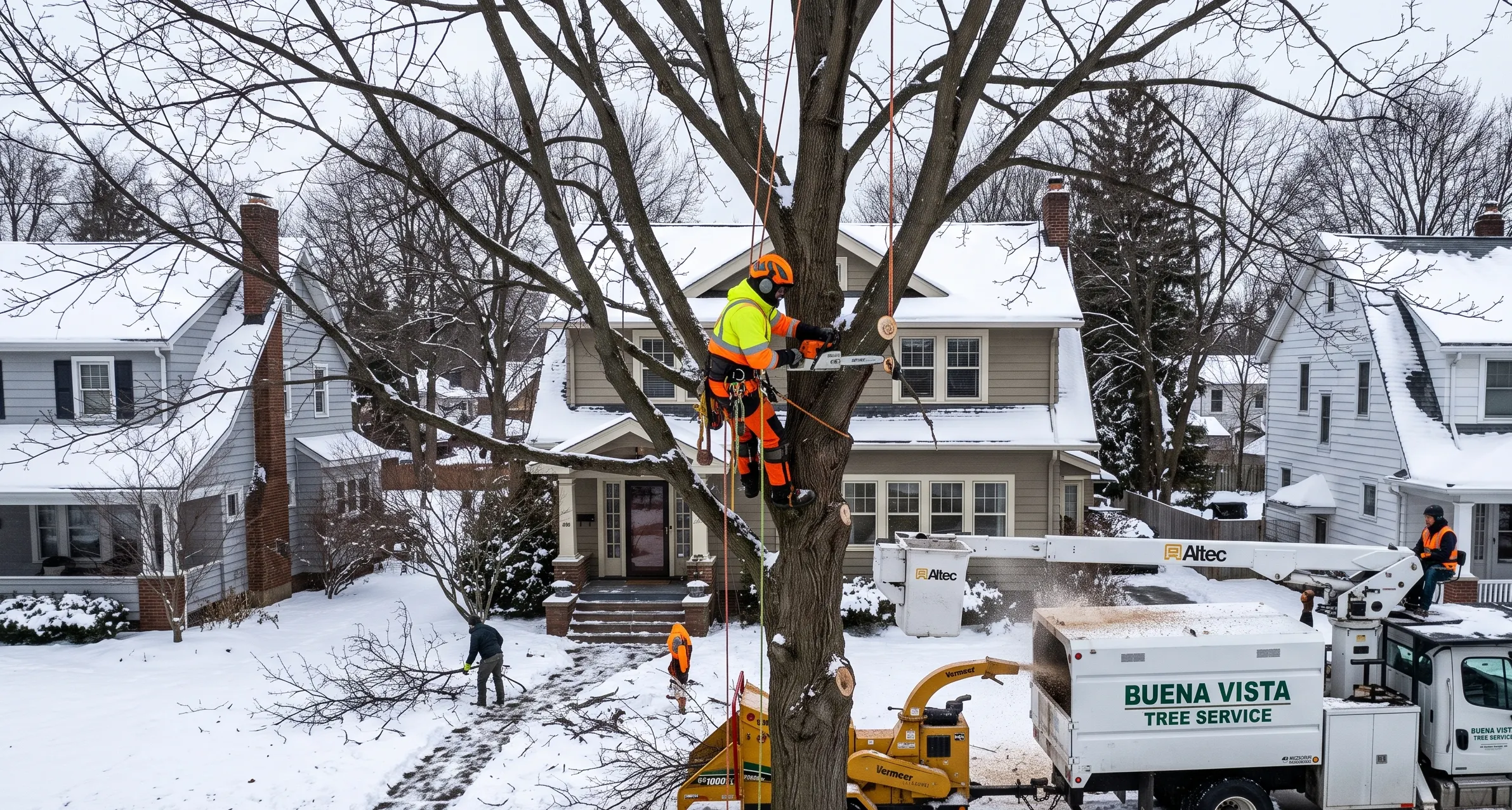 Professional tree removal crew using an aerial bucket truck and crane to dismantle a large tree in a snow-covered Buffalo residential yard